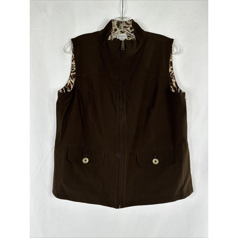 Chicos Zenergy Reversible Full Zip Vest Brown Animal Print  Womens Size 2